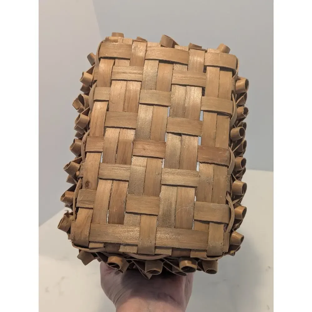 Vtg. Porcupine Curl Splint Wood Basket Curly Weave Moving Handle 9